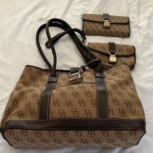 Dooney & Bourke Brown and Tan Monogram Tote Set
